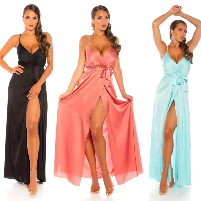 Abito lungo donna estivo estate con spacco in raso maxi dress cerimonia elegante