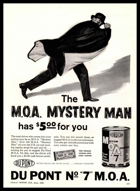 1958 The M. O. A. "Mystery Man" DuPont Motor Oil Additive Can Vintage Print Ad