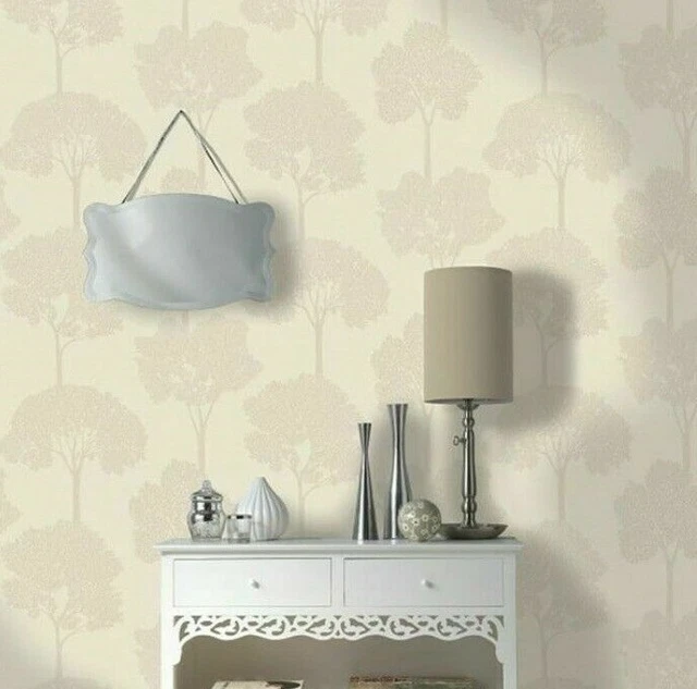 Holden Alisa Cream Trees Silver Glitter Textured Embossed Vinyl Wallpaper Forest