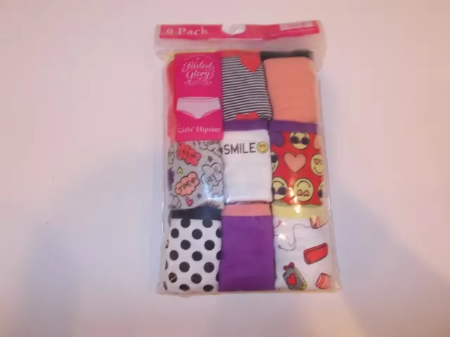 Faded Glory Girls Size 8 Hipster Underwear 9-Pack Soft Tag Free