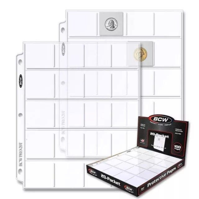 2x2 Coin Pages Box Of 100 20 Pockets Album Binder Sheets Clear Acid Free By BCW