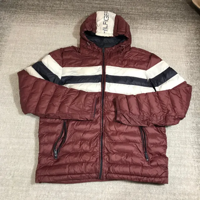 Tommy Hilfiger Jacket Mens Large Hoodie Puffer Jacket Colorblock Red Blue Casual