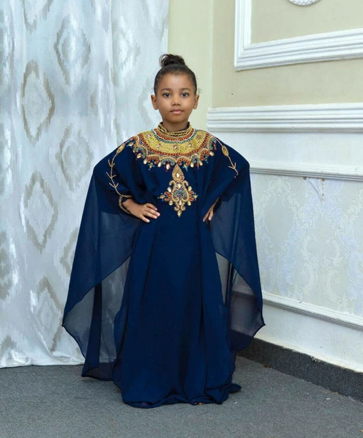 Marocchino Vestito Bambina Abaya Marocchino Blu Caftano Jilbab Bambini Kaftano