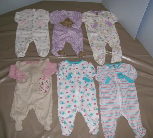 Lot Of 6 Baby Girl 0-3 Months Cotton Footed Sleeper Pajama Clothes  (Lot #11)