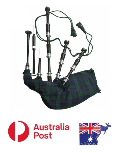 Scottish Highland Rosewood Black Bagpipe Silver Mounts Black watch Bagpipe