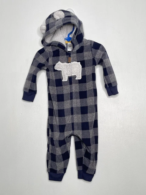 Carters Check Fleece Coverall Baby Size 9 Months Hooded Full Zip Navy One Piece