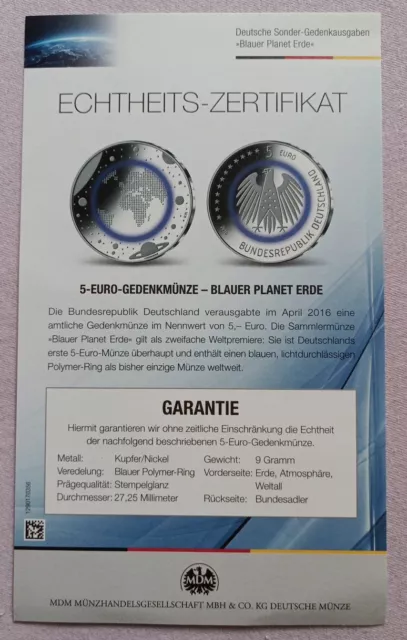 Blauer Planet Erde 2016 Echtheits - Zertifikat für 5 Euro Gedenkmünze Polymer