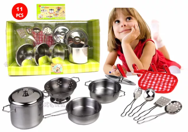 Set Cocina Para Niñas 11Pcs Vajilla Ollas Y Accesorios Juego de Metal