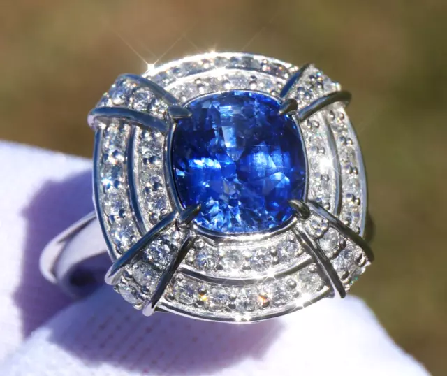 Sapphire Ring Diamond Gold 14k GIA Certified 4.13CTW Madagascar Blue Cushion