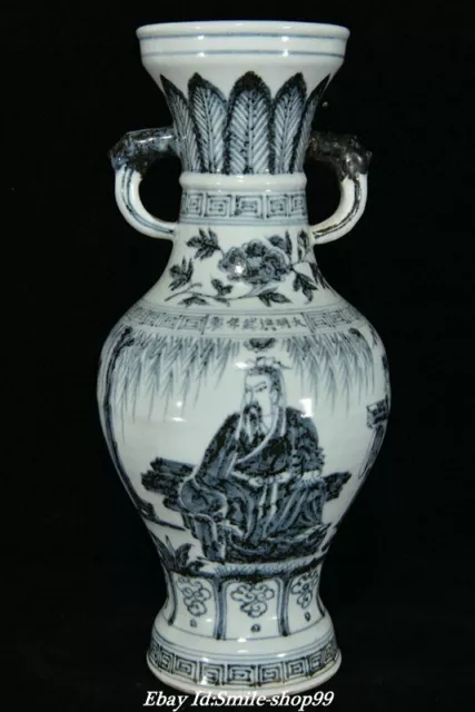 Chinese White Blue Porcelain Dynasty People Old Man Hill Tree Flower Vase Bottle