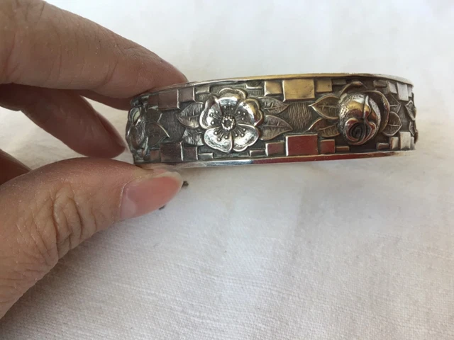 Bracelet Gourmette Ancien En Argent Massif 925 – Jonc Art Déco Fleurs