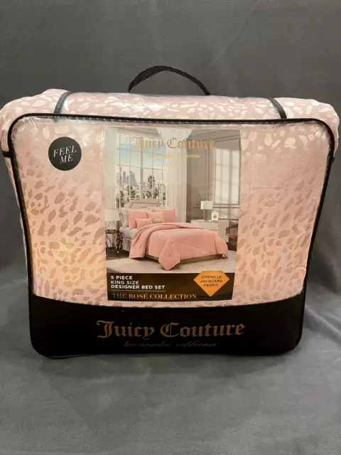 Juicy Couture Rose Collection 5-Pc KING Pink Jacquard Animal Print Bed Set New