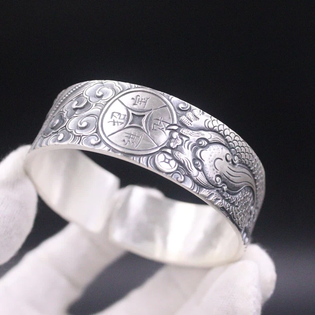 999 Pure Silver Bangle For Women Handmade 21mm Width Dragon Cuff Bangle 2.4inDia