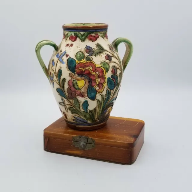 Floral Ceramic Vase w/Handles Hand Made Hand Painted Crackle Effect
