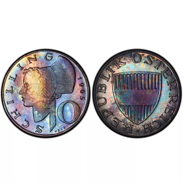 PR66 1965 Austria Silver 10 Schilling Proof, PCGS Secure- Rainbow Toned