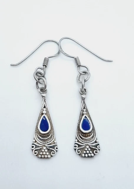 Vintage Sterling Silver Tear Drop Dangle Earrings With Blue Enamel