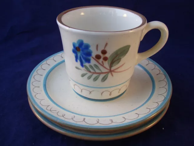 Vintage Stangl Country Blue Daisy Tea Cup & 2 Saucers Retro USA Hand Painted 3pc