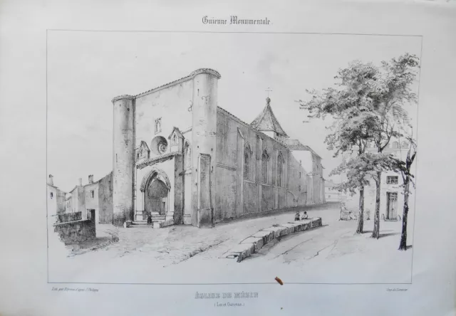 Lithographie XIXème - Église de Mézin - Tirpenne - Philippe