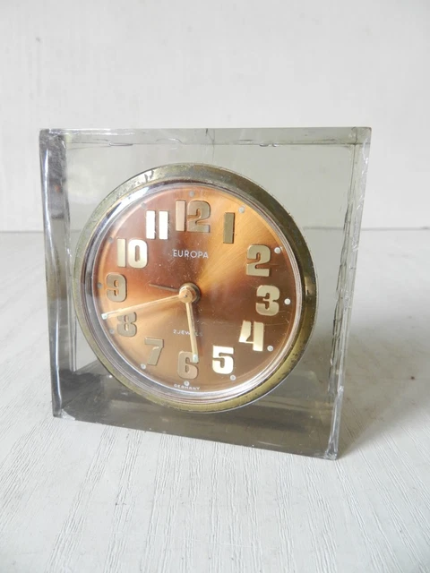 RÉVEIL VINTAGE EUROPA GERMANY INCLUSION dans RÉSINE * MÉCANIQUE 1950 *FONCTIONNE