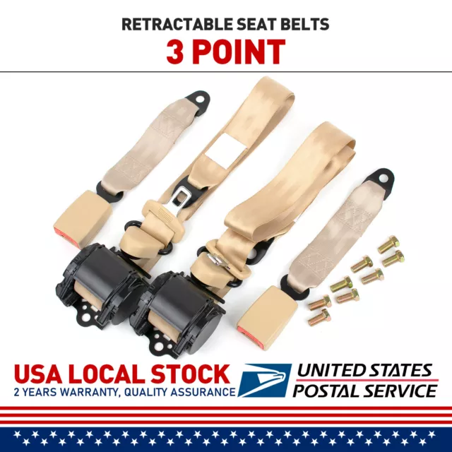 2Set Retractable 3 Point Safety Seat Belt Strap Car Vehicle Adjustable Beige