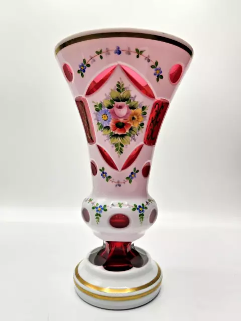 Antique Handpainted Milk/Cranberry Cut Glass Vase, Bohemian / Moser, Cased