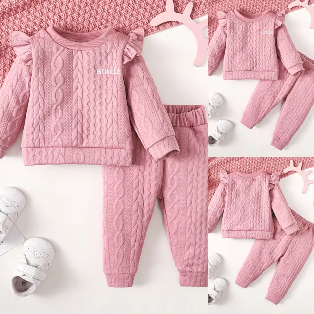 Infant Baby Girls Ribbed Ruffle Outfits Set Long Sleeve Tops Pants Kids Clothes