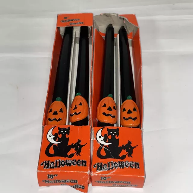 Vtg Halloween Pumpkin Candles Black Cats Witches 10” Jack O Lantern Candles Mcm