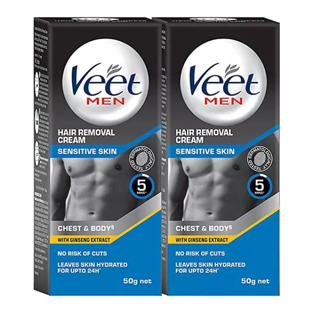 Veet Hair Removal Cream for Men, Sensitive Skin, 50g Each (Pack of 2)