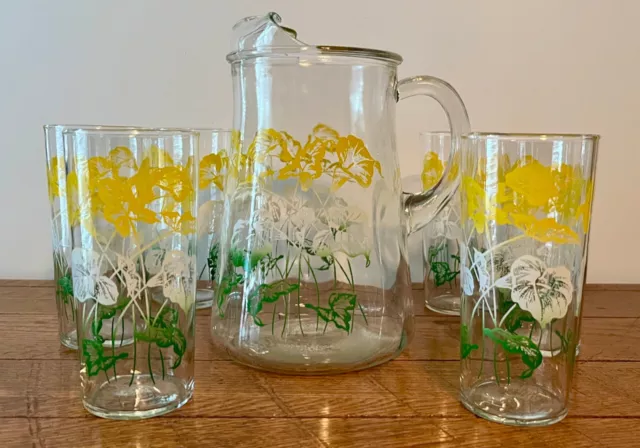 Ice Tea Pitcher Tumbler Glass Set Vintage Bartlett Collins 1960s Yellow White FL