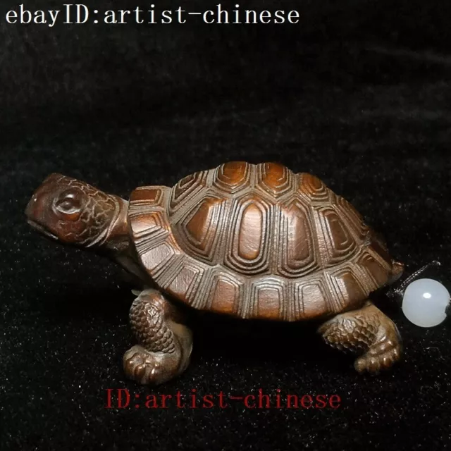 L 2.5 inch Old Chinese Boxwood Hand Carved Turtle statue netsuke Gift collection