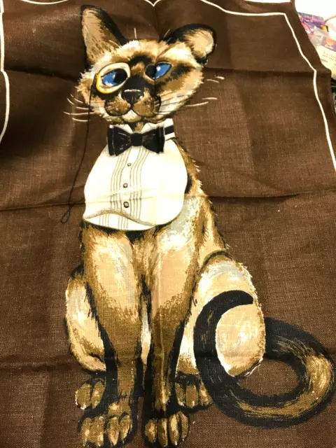 Vintage Retro Linen Tea Towel With Cat On Brown Background