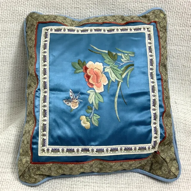 Vintage Chinese Embroidery Cushion Small Pillow Blue Silk Butterflies Flowers