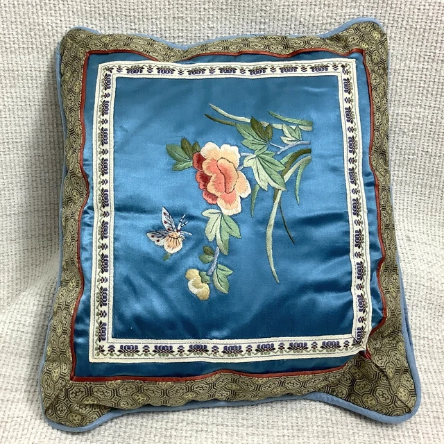 Vintage Chinese Embroidery Cushion Small Pillow Blue Silk Butterflies Flowers