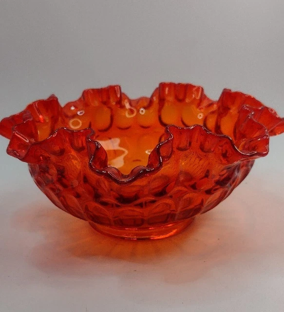 VTG FENTON Orange Bowl ~ AMBERINA 8" wide Thumbprint Ruffled BOWL 3.25" tall