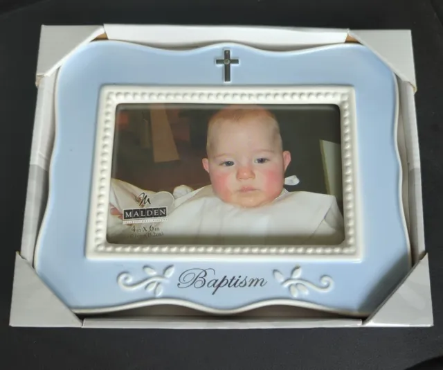 NIB Blue MALDEN Baptism Frame New BABY Boy Ceramic Blue White 4x6 Photo Gift