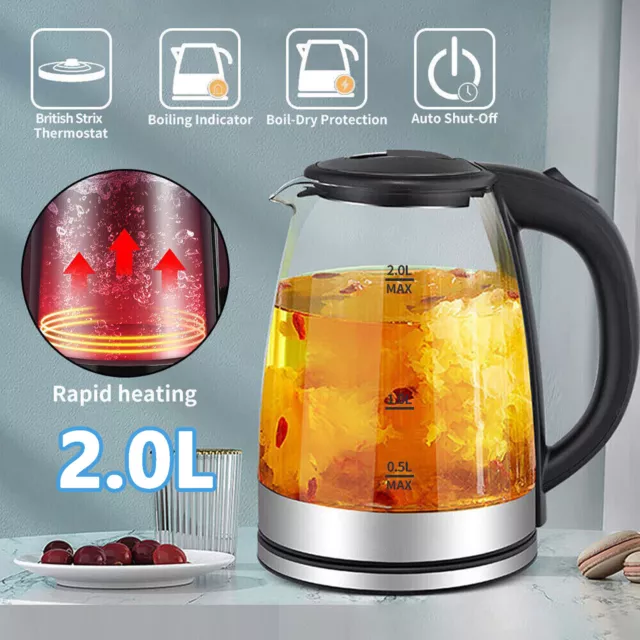2L Electric Kettle Glass Fast Boil Quiet with Blue LED Boil-Dry Protection 1500W