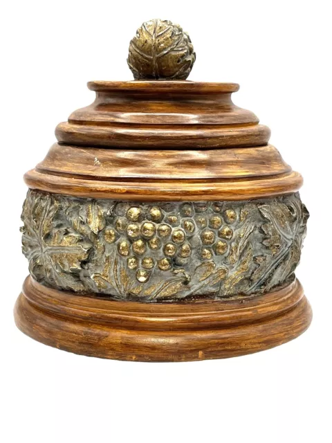 Decorative Lidded Faux Wood and Brass Jar Felt Lined