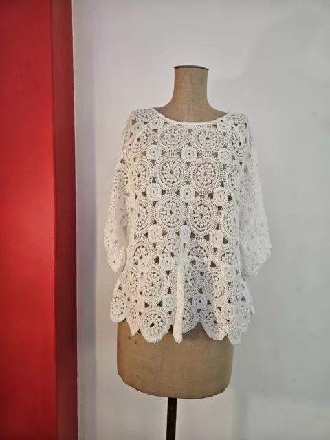 Crochet Top Shirt Blouse White 70s Hippie Gypsy Vintage Look Size M-L