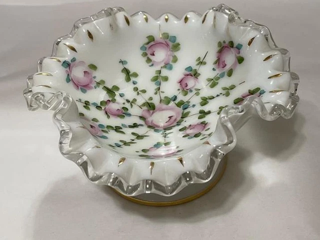 Vintage Fenton Silvercrest Hand Painted Roses Gold Accents Compote Candy Dish