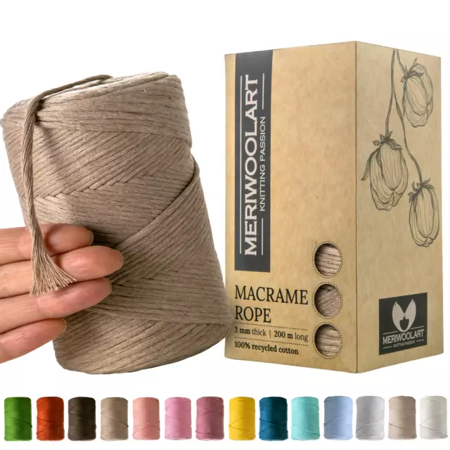 Makramee Garn Kordel 3mm 200m MeriWoolArt Öko-Tex 100% recycelte Baumwolle Farbe verpackt