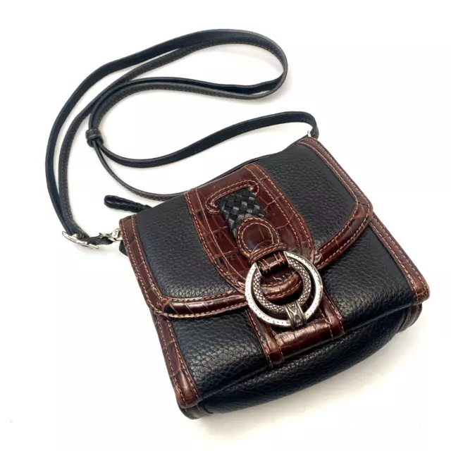 Brighton Black Pebbled Leather & Brown Mock Croc Crossbody Organizer Purse Bag