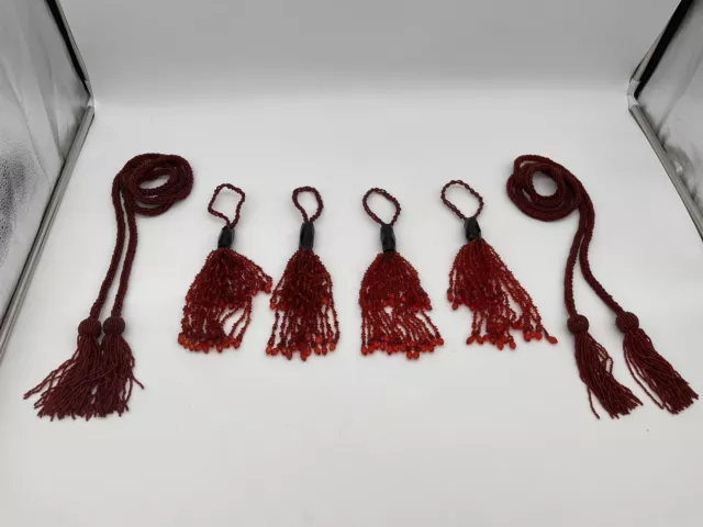 (6) Vintage Art Deco Decor Ruby Red Glass Beaded Curtain Tie Backs/ Tassels, EUC