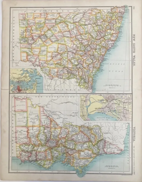 Antique 1902 Australia/Map/Original/Bartholomew/Print/New South Wales/Victoria