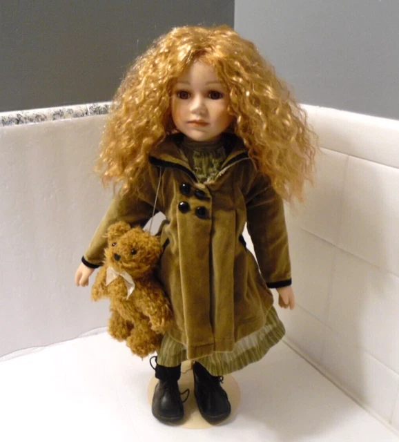 Vintage Porcelain Doll Blond Girl Wearing Green Dress & Green Overcoat 16" Tall