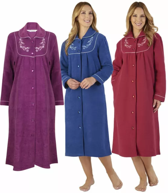 Slenderella Button Dressing Gown Ladies Embroidered Boucle Fleece Robe Nightwear