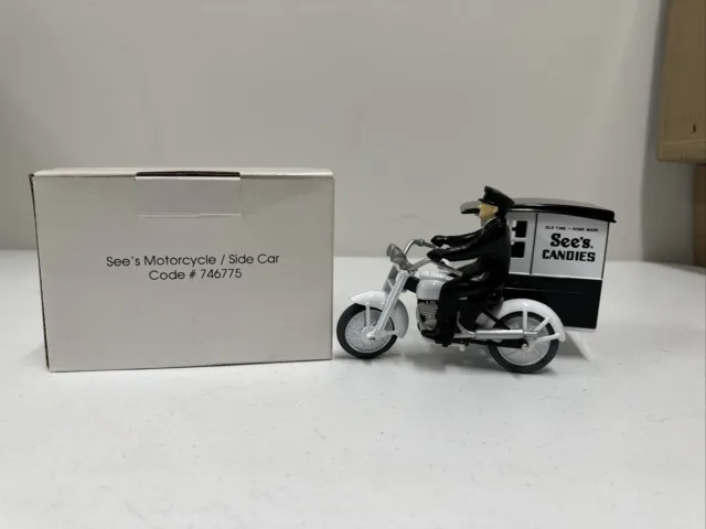 See's Candies Die Cast Motorcycle W/ Man And Side Car New In Box#746775