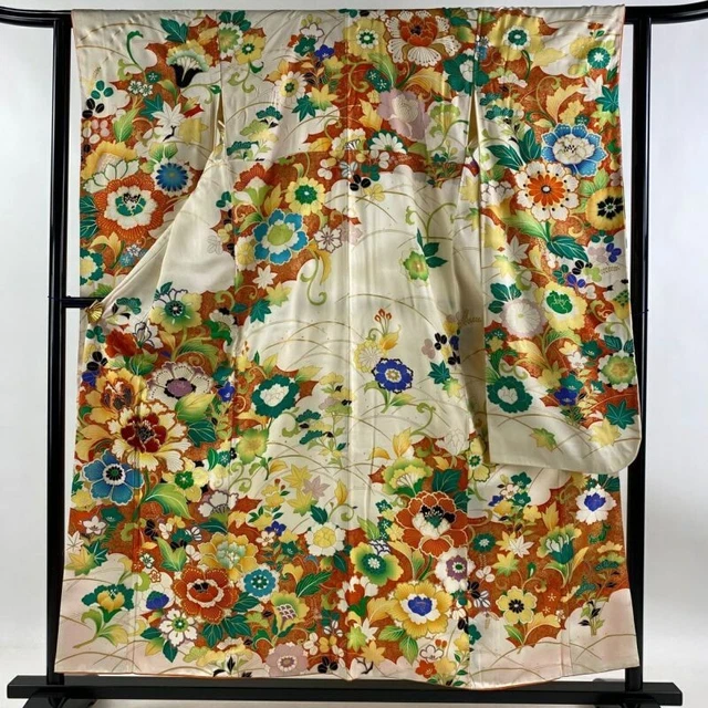 Japanese Kimono Furisode Pure Silk Moutan Flowering Arabesque Cream Color