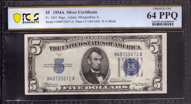 1934 A $5 Silver Certificate Note Currency Fr.1651 Ha Block Pcgs B Cu 64 Ppq