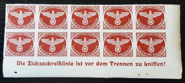 GERMANY ORIGINAL THIRD REICH  MARGIN STAMP BLOCK 10 WW2 FELDPOST Mi 2b 1942 MNH