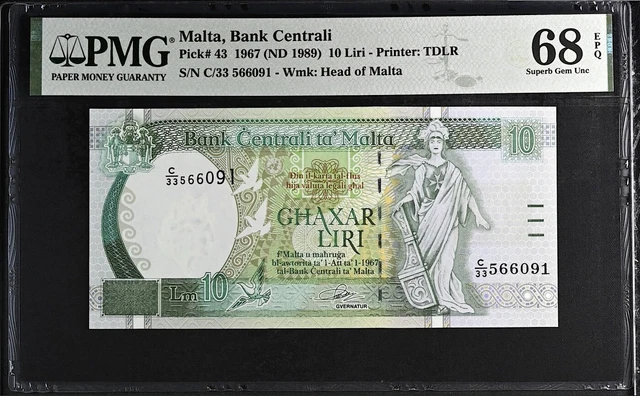 1967 Malta 10 Liri P-43 PMG 68 EPQ Superb Gem UNC